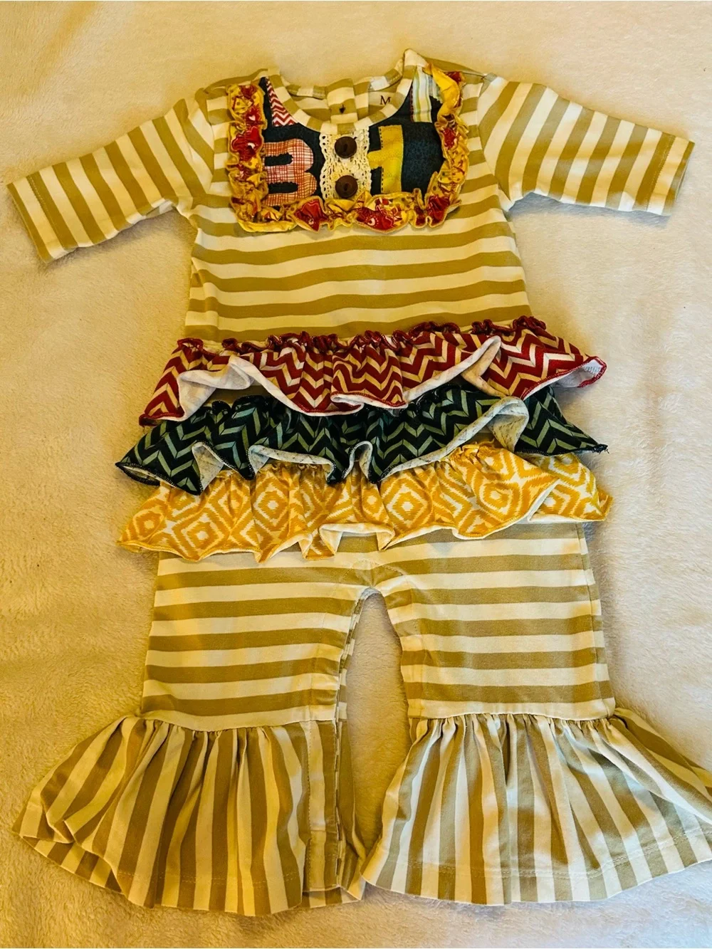 Mustard Pie Striped Cream & Tan Ruffle Dress with Multi-Print Accents